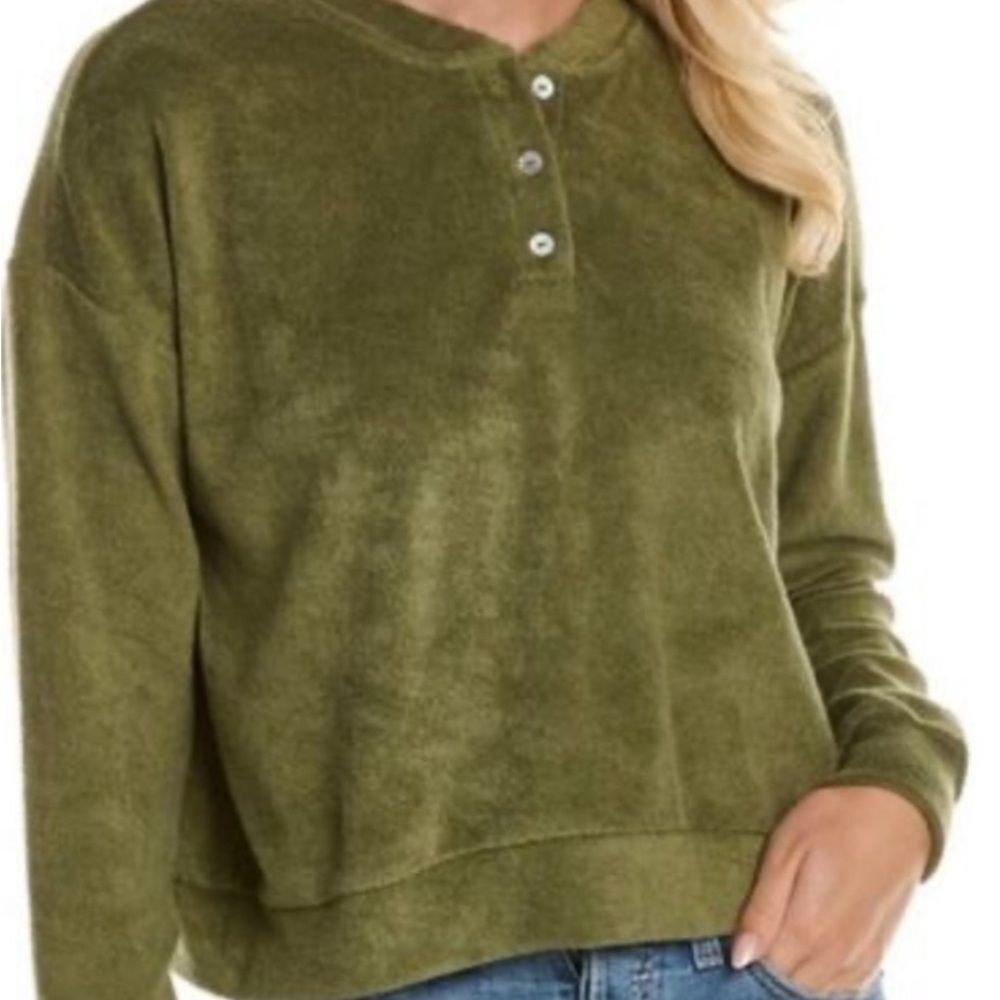 DONNI. Olive Green Plush Henley Sweatshirt